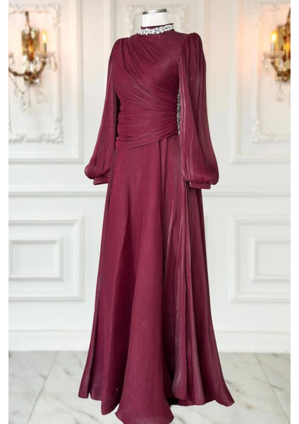 Nergis Abiye Elbise Bordo