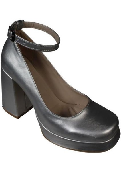 Yazkış Kadın Gümüş 10CM Kalın Topuk 2cm Platform Topuk Bilekten Bağlamalı Plarform Topuk Ayakkabı