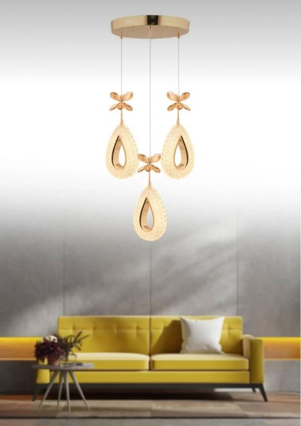 Damla Model 3'lü Gold 3 Renk Modu Ledli Kristal Taşlı Modern Salon Mutfak Oturma Odası LED Avize