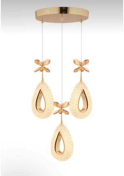 Damla Model 3'lü Gold 3 Renk Modu Ledli Kristal Taşlı Modern Salon Mutfak Oturma Odası LED Avize fiyatları