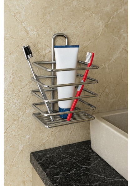 Krom Yapışkanlı Diş Fırçalık - Duvar Tipi, Çok Amaçlı Organizer - Paslanmaz Metal - Dş-01