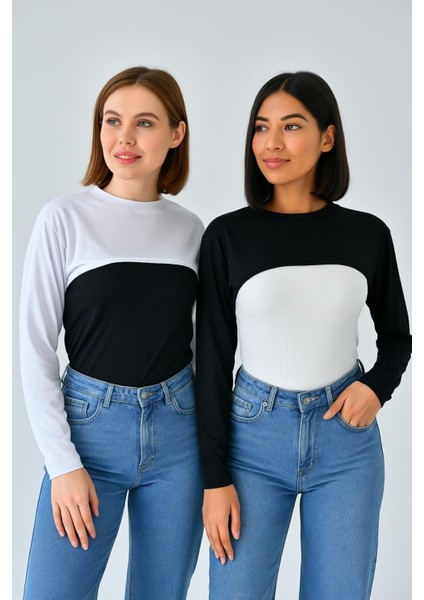 Mırach Sıfır Yaka Boyunluklu Kolluk Seti Siyah‑beyaz – Konforlu & Çok Yönlü