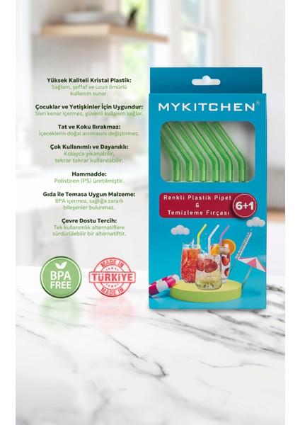 Yeşil Renkli Plastik Pipet ve Temizleme Fırçası - 6'lı Yeşil Renkli Pipet fiyatları