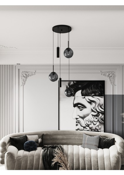 Vienna Modern Siyah Metal Gövdeli 5'li Sarkıt Avize - 3 Füme Cam Küre 2 LED Spot, E27 DUY-G10 Duy