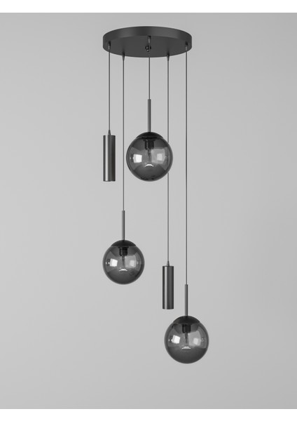 Vienna Modern Siyah Metal Gövdeli 5'li Sarkıt Avize - 3 Füme Cam Küre 2 LED Spot, E27 DUY-G10 Duy fırsatları