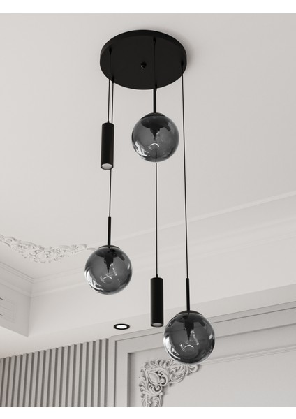 Vienna Modern Siyah Metal Gövdeli 5'li Sarkıt Avize - 3 Füme Cam Küre 2 LED Spot, E27 DUY-G10 Duy indirimleri