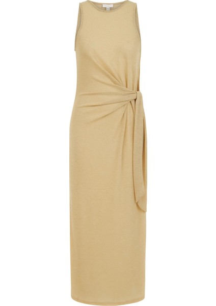 Bağlamalı Yırtmaçlı Lurex Gold Uzun Elbise