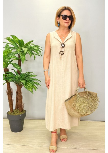 Kadın Uzun Düğmeli Keten Kolsuz Elbise