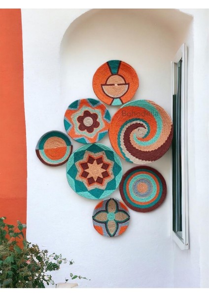 Turkuaz Hasır Duvar Tabağı Seti, 7'li Duvar Dekoru ve Sepetleri