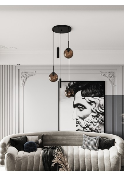 Vienna Modern Siyah Metal Gövdeli 5'li Sarkıt Avize - 3 Bal Cam Küre 2 LED Spot, E27 DUY-G10 Duy