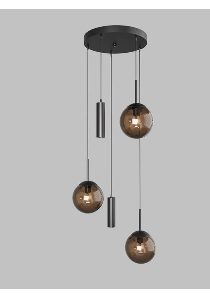 Vienna Modern Siyah Metal Gövdeli 5'li Sarkıt Avize - 3 Bal Cam Küre 2 LED Spot, E27 DUY-G10 Duy modelleri