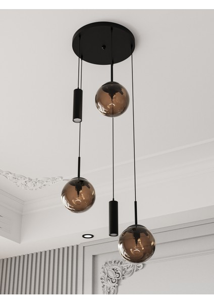 Vienna Modern Siyah Metal Gövdeli 5'li Sarkıt Avize - 3 Bal Cam Küre 2 LED Spot, E27 DUY-G10 Duy indirimleri
