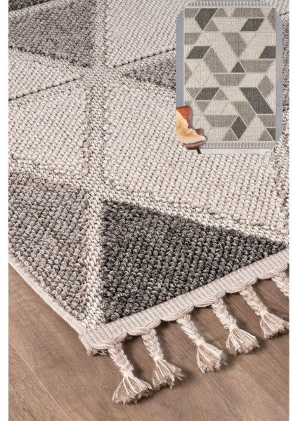 Roma Gri Krem Antrasit Yumuşak Bukleli ve Püsküllü Makine Dokuma Halı Oturma Odası Salon Mutfak Antre