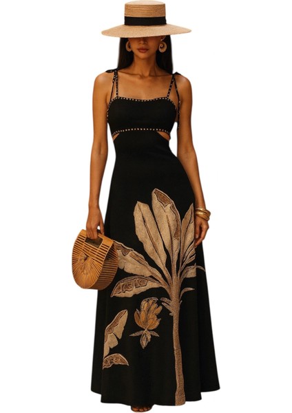 Monalisa Altın Çiçek Desenli Rahat Askısız Dizaynli Şık Omuz Açık Maxi Elbise