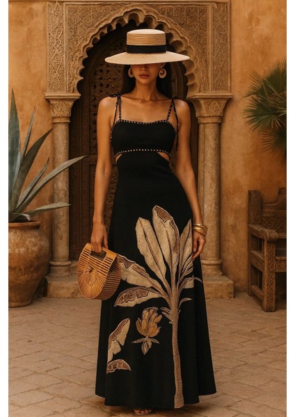 Monalisa Altın Çiçek Desenli Rahat Askısız Dizaynli Şık Omuz Açık Maxi Elbise fiyatları