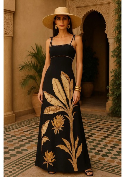 Monalisa Altın Çiçek Desenli Rahat Askısız Dizaynli Şık Omuz Açık Maxi Elbise fırsatları