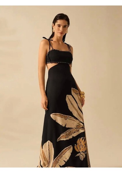 Monalisa Altın Çiçek Desenli Rahat Askısız Dizaynli Şık Omuz Açık Maxi Elbise indirimleri