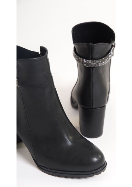 Lıa Fermuarlı Ortopedik Taban Taşlı Topuklu Kadın Bot Cst - Siyah indirimleri