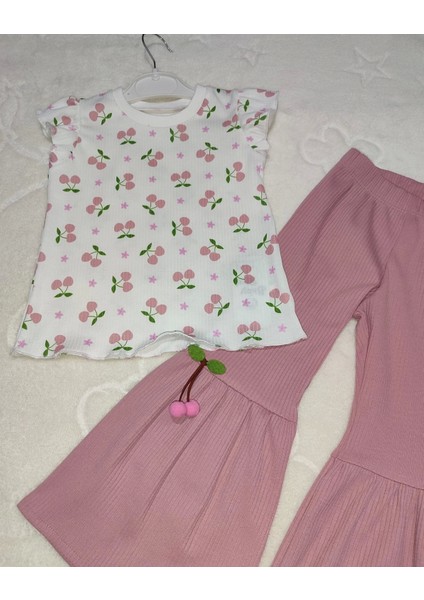 1-2-3-4 Yaş Kiraz Baskılı Tişört Ispanyol Paçalı Likralı 2li Kız Çocuk Takımı Gül Kurusu fiyatları