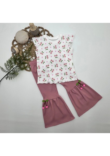 1-2-3-4 Yaş Kiraz Baskılı Tişört Ispanyol Paçalı Likralı 2li Kız Çocuk Takımı Gül Kurusu indirimleri