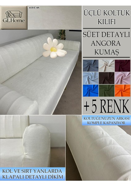 Süet Detaylı Angora Kumaş 3lü Komple Giydirme Kanepe & Çekyat, Bohem, Porto, Vb. Model Koltuk Kilifi