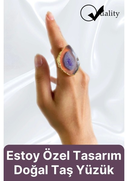 Özel Üretim Altın Pirinç Kaplama Vintage Görünümlü Şık Tasarımlı Ayarlanabilir Doğal Taş Kadın Yüzük