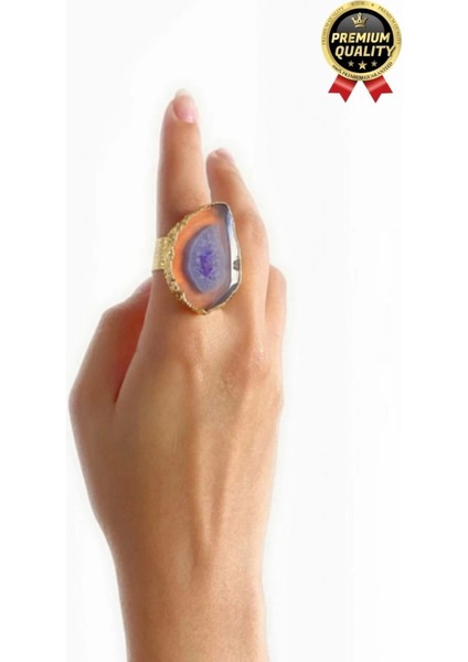 Özel Üretim Altın Pirinç Kaplama Vintage Görünümlü Şık Tasarımlı Ayarlanabilir Doğal Taş Kadın Yüzük fırsatları