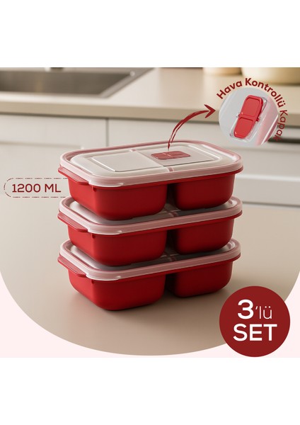 Kapaklı 3’lü Mikrodalgaya Uygun Bölmeli Dikdörtgen Saklama Kabı Seti - 1200 ml