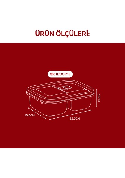 Kapaklı 3’lü Mikrodalgaya Uygun Bölmeli Dikdörtgen Saklama Kabı Seti - 1200 ml modelleri