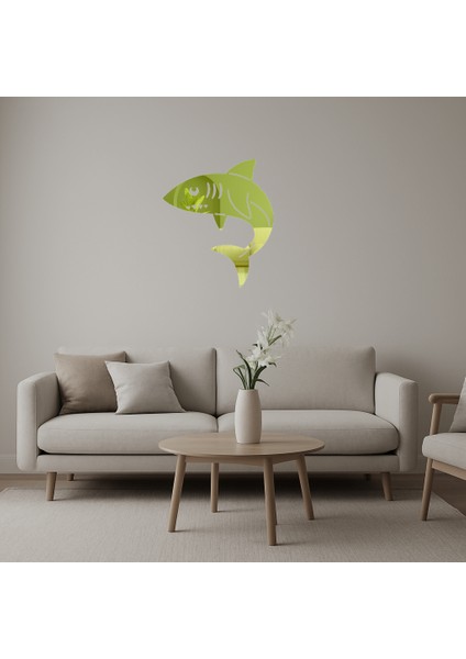 Köpekbalığı Deniz Temalı Dekoratif Altın Aynalı Tablo - ALVN4718-6103