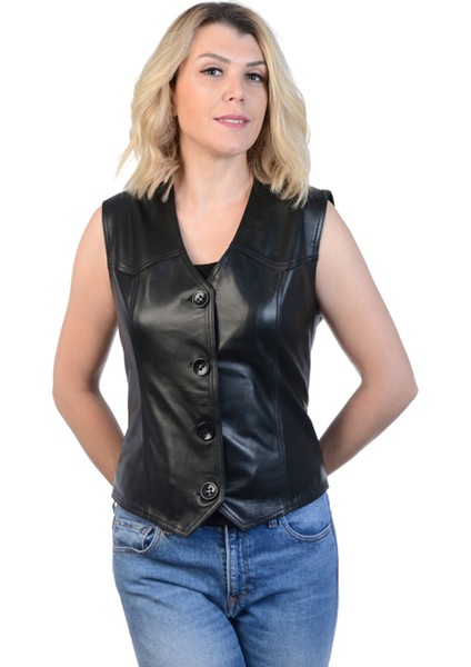 Derije Darla Hakiki Deri Kadın Siyah Yelek