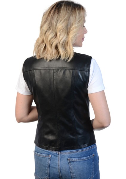 Derije Darla Hakiki Deri Kadın Siyah Yelek modelleri