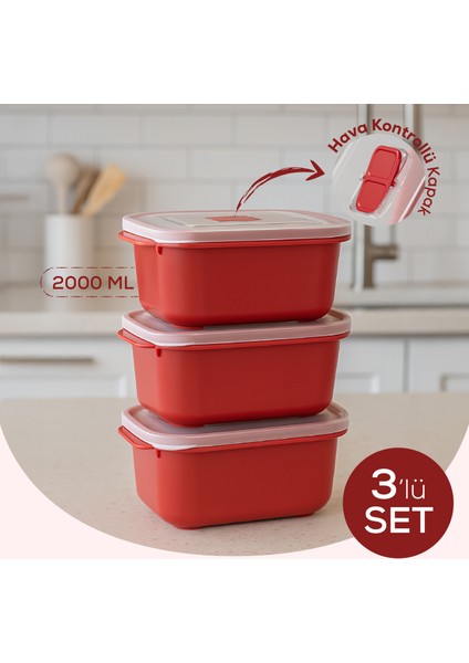 Kapaklı 3’lü Mikrodalgaya Uygun Dikdörtgen Saklama Kabı Seti - 2000 ml