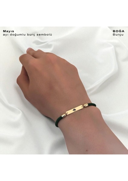 14 Ayar Altın Plakalı Boğa Burçlarına Yeşil Örgü Ipli Dikdörtgen Motifli Hediye BILEKLIK-554BURÇ
