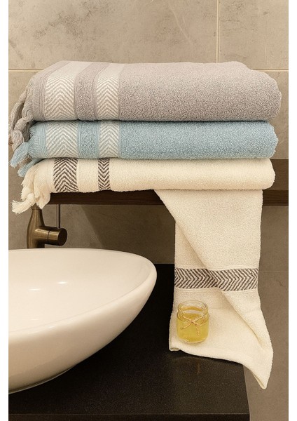 Lora 3’lü Banyo Havlu Seti – 100X150 cm %100 Pamuk, Yumuşak Dokulu,örgü Saçak