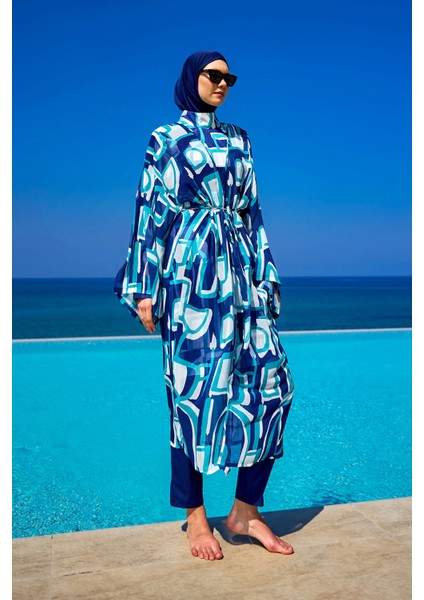 Mavi-Turkuaz Desenli Bağcıklı Pareo Kimono – RP2513