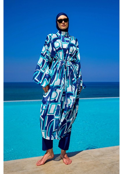 Mavi-Turkuaz Desenli Bağcıklı Pareo Kimono – RP2513 modelleri