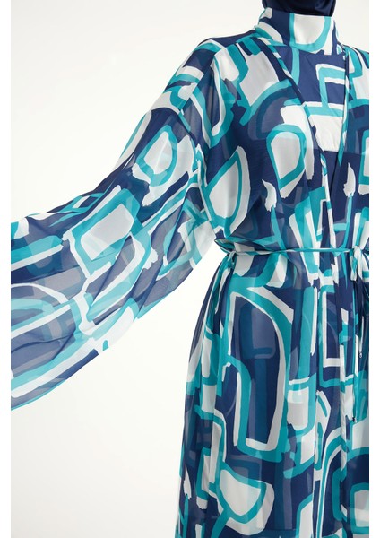 Mavi-Turkuaz Desenli Bağcıklı Pareo Kimono – RP2513 fırsatları