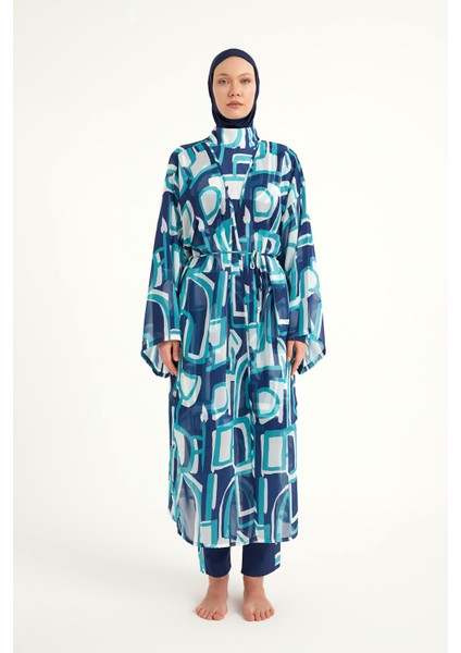 Mavi-Turkuaz Desenli Bağcıklı Pareo Kimono – RP2513 indirimleri