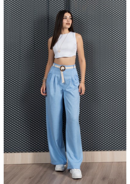 Kemerli ve Pileli Beli Arkadan Lastikli Keten Pantolon 30285