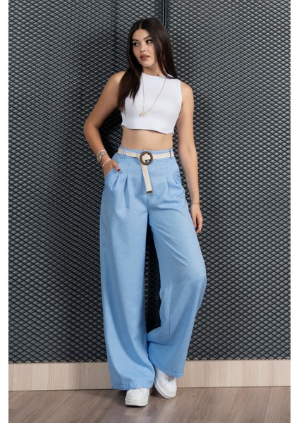 Kemerli ve Pileli Beli Arkadan Lastikli Keten Pantolon 30285 modelleri