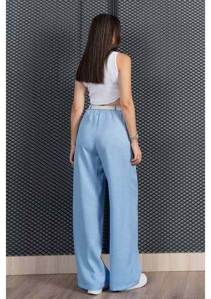 Kemerli ve Pileli Beli Arkadan Lastikli Keten Pantolon 30285 indirimleri