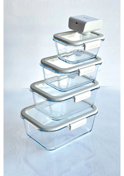 Bej 5'li Vakumlu Cam Saklama Kabı Seti, Sağlıklı ve Şık Saklama Çözümü