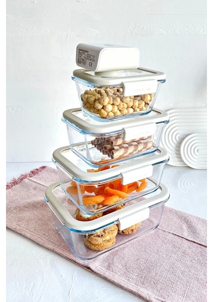 Bej 5'li Vakumlu Cam Saklama Kabı Seti, Sağlıklı ve Şık Saklama Çözümü fırsatları