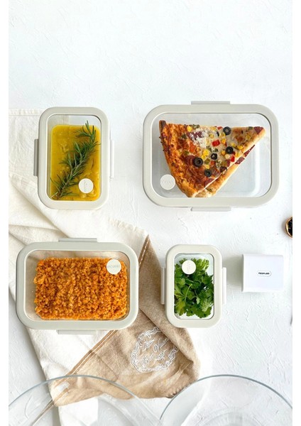 Bej 5'li Vakumlu Cam Saklama Kabı Seti, Sağlıklı ve Şık Saklama Çözümü