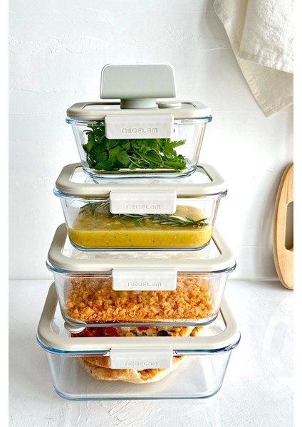 Bej 5'li Vakumlu Cam Saklama Kabı Seti, Sağlıklı ve Şık Saklama Çözümü