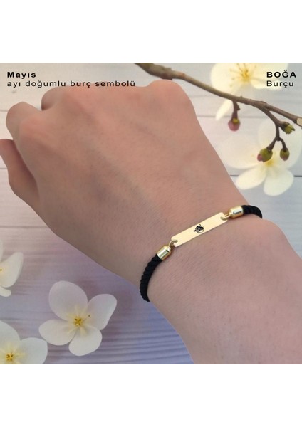 Altın Plakalı 14 Ayar Boğa Burçlarına Siyah Örgü Ipli Dikdörtgen Figürlü Hediye BILEKLIK-555BURÇ