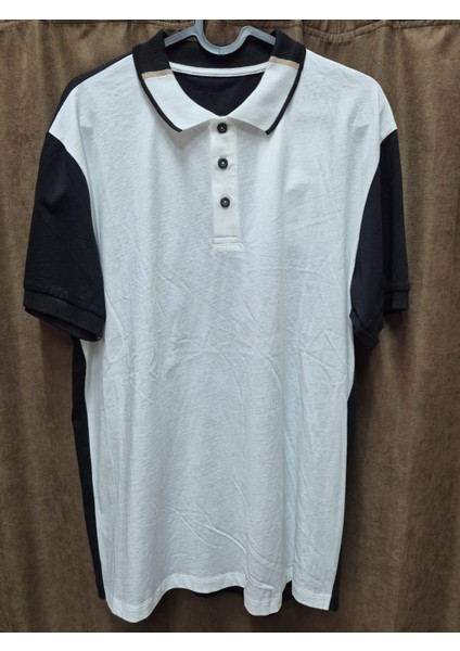 Erkek Siyah-Beyaz Bloklu Polo Yaka Tişört – Şerit Detaylı, Düğmeli Model