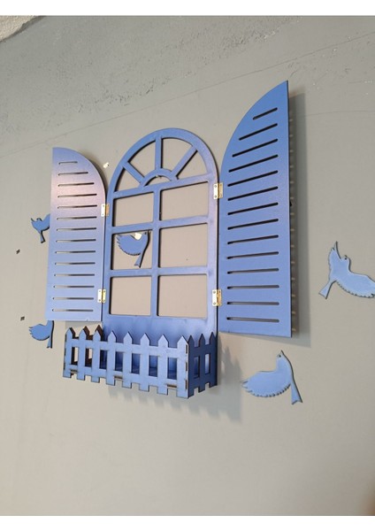 Mavi Kuşlu Pencere Temalı Ahşap Çiçeklik, Lazer Kesim, 3mm Duvar Süsü