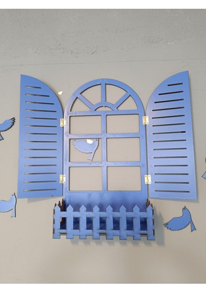 Mavi Kuşlu Pencere Temalı Ahşap Çiçeklik, Lazer Kesim, 3mm Duvar Süsü fiyatları